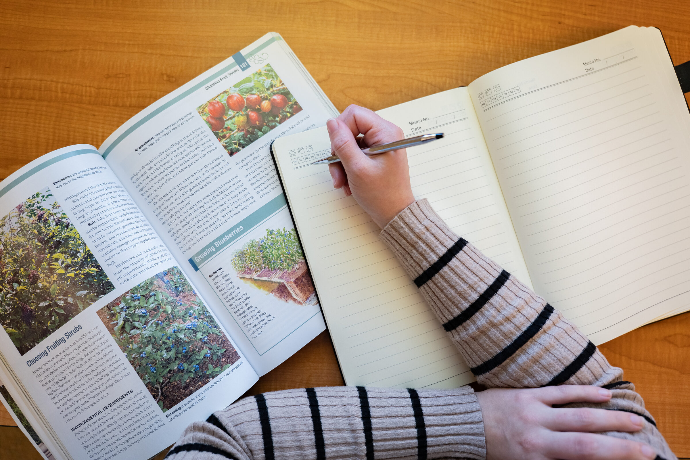 Editorial photograph of a hand writing in a notebook beside an open gardening magazine